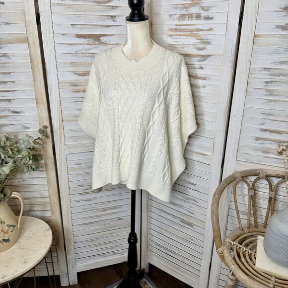 J. CREW Women's One Size Mock Neck Fisherman Cable Knit Poncho Sweater Cream - Picture 7 of 16